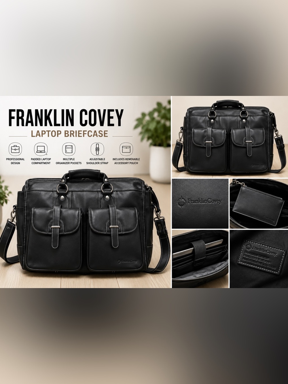 Franklin Covey Black GenuineLeather Laptop Briefcase Messenger Bag Organizer